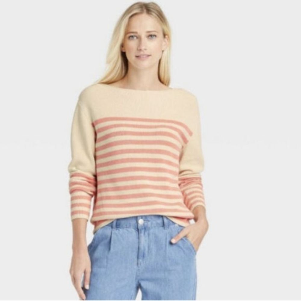 Who What Wear Cream and Pink Striped Sweater